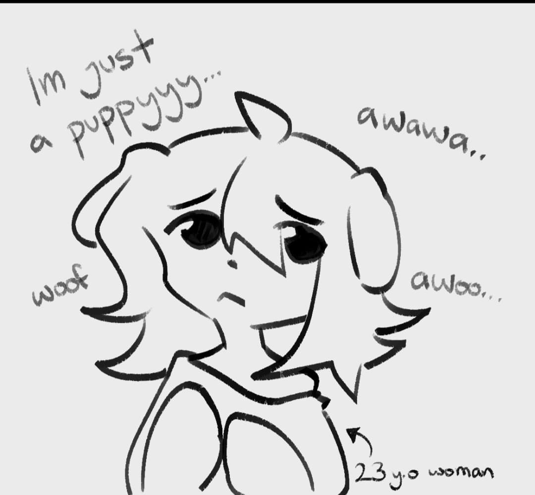 drawing of a puppygirl going awawa, woof, awoo, labelled 23 y.o woman